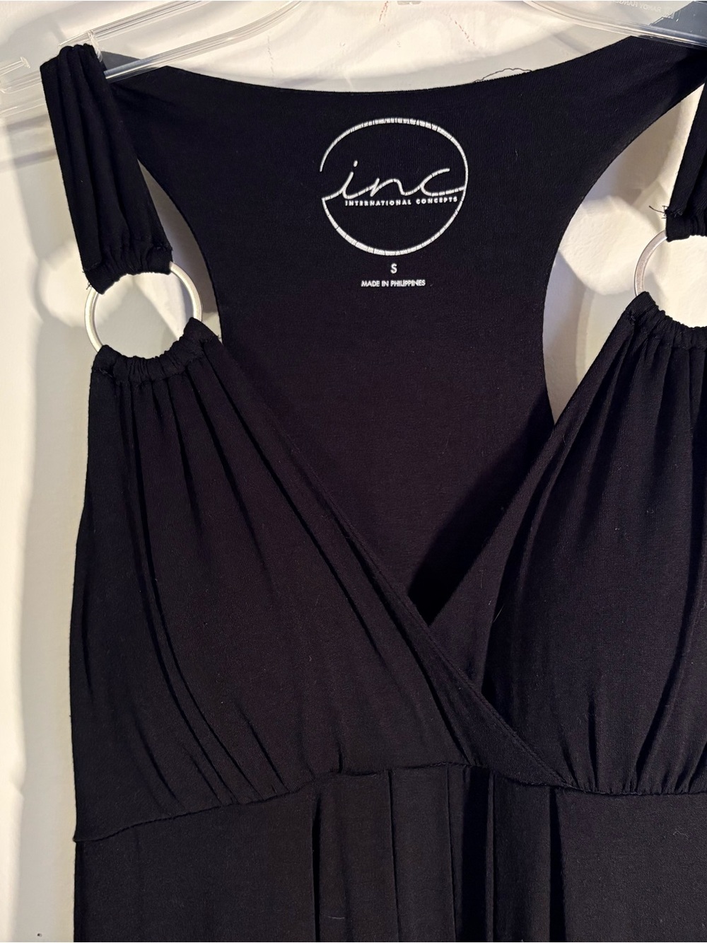INC International Concepts Black Halter Plunge Chemise with Silver Ring Accents